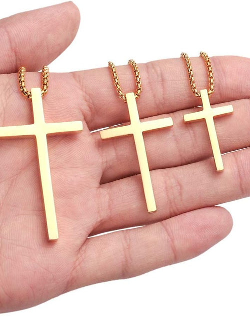 Load image into Gallery viewer, Easter Basket Stuffers - Cross Necklace for Men Teen Boys, Silver Black Gold Stainless Steel Plain Cross Pendant Necklace Box Chain 16-30 Inch
