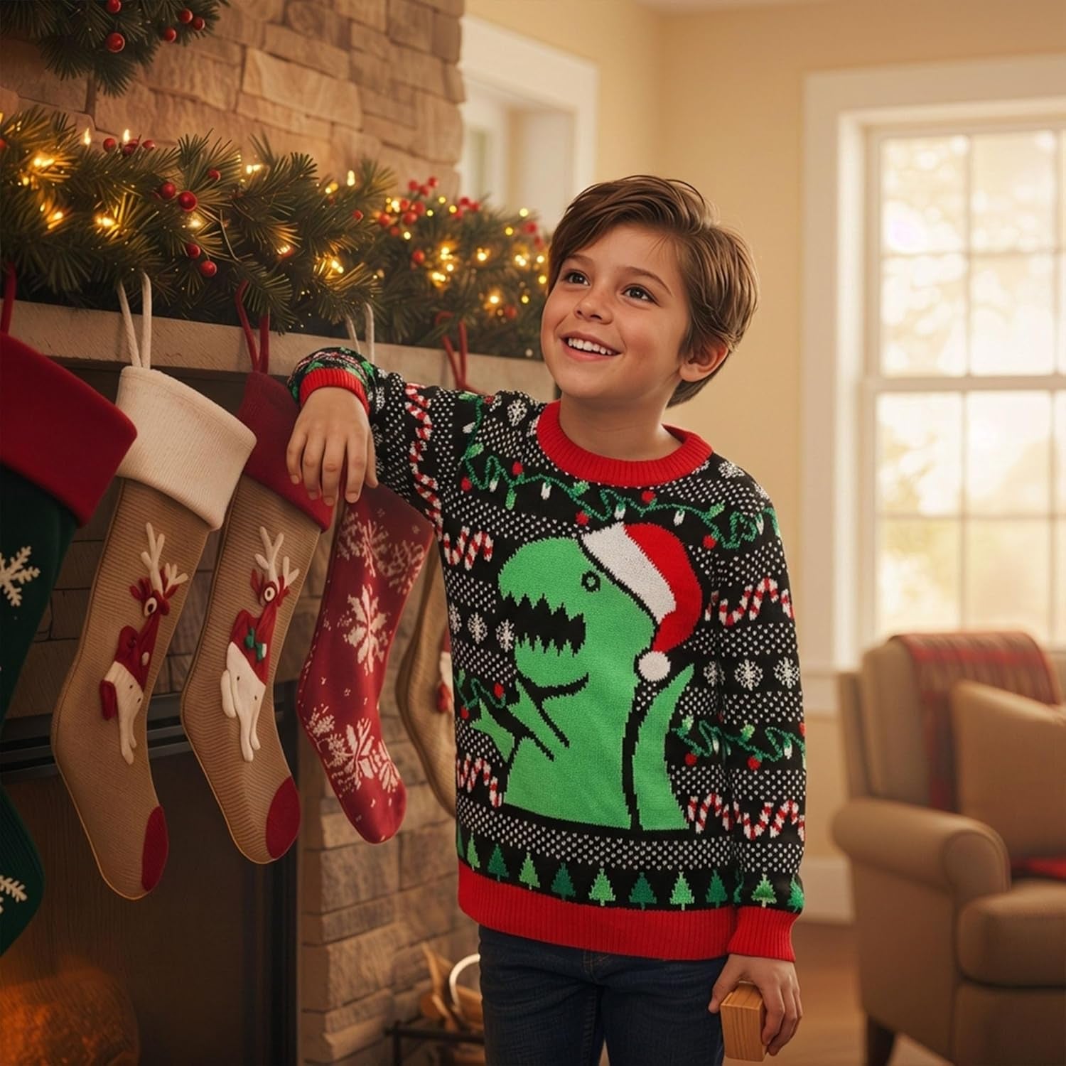 Big Trex Santa Ugly Christmas Sweater for Toddler Boys 2Y - 6Y Funny Xmas Outfit