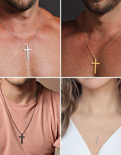 Load image into Gallery viewer, Easter Basket Stuffers - Cross Necklace for Men Teen Boys, Silver Black Gold Stainless Steel Plain Cross Pendant Necklace Box Chain 16-30 Inch
