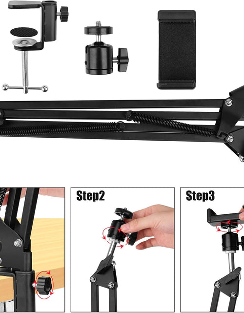 Load image into Gallery viewer, Overhead Video Stand Phone Holder Articulating Arm Phone Mount Table Top  Scissor Boom Arm Articulating Phone Stand Tablet Phone Holder for Streaming Phone Baking Crafting
